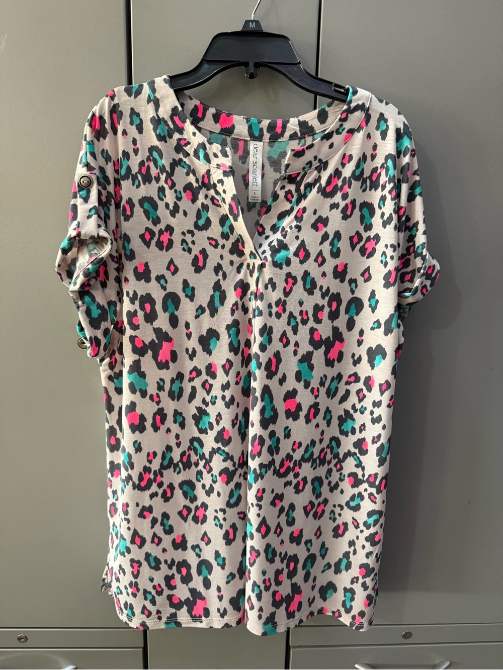 Short Sleeve Leopard Print Blouse in Neutral with Pink & Teal Accents